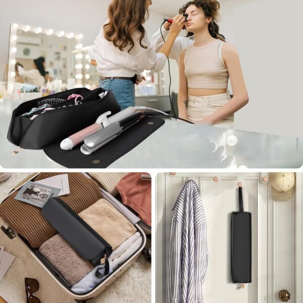 81TIEV-JGrL._SL1500_.jpg SS Hair Tools Travel Bag and Heat Resistant Mat for Hot Tools, Leather Curling Iron Case, Portable Essentials for Women, Black
