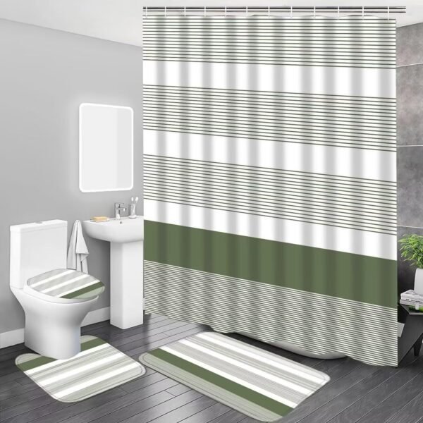 DDQQ 4Pcs Boho Streak Shower Curtain Sets with Rugs Sage Green Stripe Bathroom Sets Shower Curtain with 12 Hooks Bathroom Decor with Rugs Bath Accessories with Mats Toilet Lid Cover