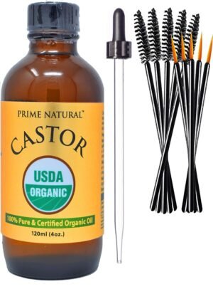 81Tvtfc3m5L._SL1500_.jpg PRIME NATURAL Organic Castor Oil (4oz / 120ml) - USDA Certified Organic, Pure, Cold Pressed, Thick, Hexane Free - Stimulate Growth for Eyelashes, Eyebrows, Hair, Skin Moisturizer