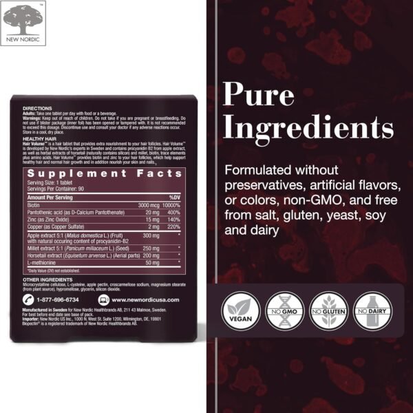 NEW NORDIC Hair Volume Tablets, 3000 mcg Biotin & Biopectin Apple Extract, Hair Vitamins to Support Natural Hair Growth, 90 Count (Pack of 1)