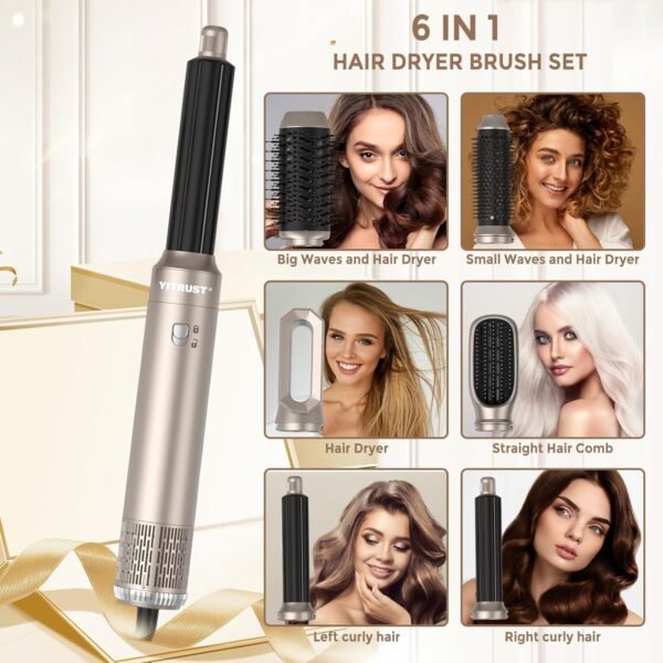 6 in 1 Blow Dryer Brush 60000RPM Hair Dryer Brush Detachable Air Curler Wrap Styler Professional Hot Air Brush Round Brush Blow Dryer Hair Styling Tools (Silver)