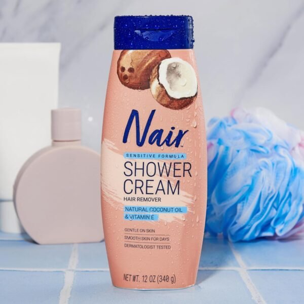 Nair Sensitive Shower Cream Hair Remover with Natural Coconut Oil and Vitamin E, Body Hair Removal Cream, 12 oz