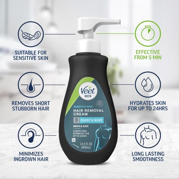 Veet Hair Removal Cream For Men, 5 Min Sensitive Skin, Hair Removal Gel For Body, Chest & Back, Dermatologically Tested, 13.5 FL OZ w/ Spatula