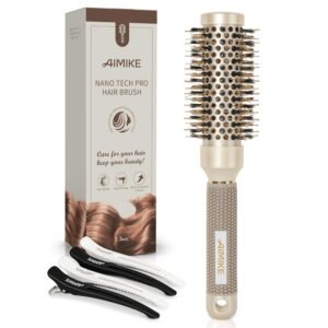 81UzJmbRi0L._SL1500_.jpg AIMIKE Round Brush, 1.3 Inch Barrel, Nano Thermal Ceramic & Ionic Tech, Boar Bristles, for Blow Drying, Styling, Curling and Shine, Gold + 4 Clips