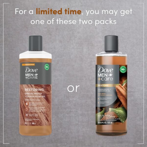 Dove Men+Care Body Wash Sandalwood + Cardamom Oil 4 Count to Rebuild Skin in the Shower with Plant-Based Cleansers and Moisturizers 18 oz