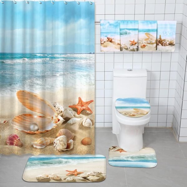 8 Pcs Summer Beach Shower Curtain Set Bathroom Decor Sea Ocean Waterproof Bathroom Accessories Shower Curtain Sets with Towels Carpet Bath Mat Toilet Rugs and 12 Hooks