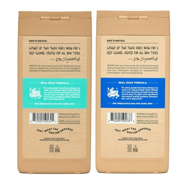 Dr. Squatch NEW Body Wash for Men with Nourishing, Natural Ingredients | No Paraben, Phthalate, Sulfate | All Day Moisture | Long Lasting Scent | Fresh Falls & Coconut Castaway (14 oz, 2-Pack)