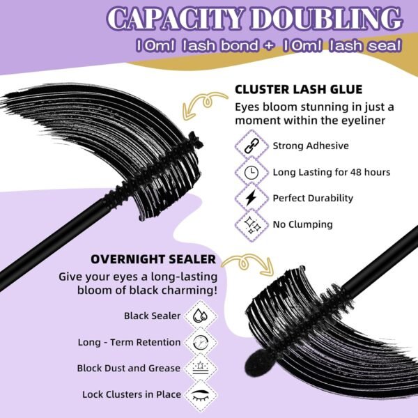 B&Q Lash Bond and Seal Cluster Lash Glue 5ML Lash Clusters Overnighter 5ML Lash Bond Lash Sealer for Cluster Lashes Waterproof Glue Longer Life Coating -2pcs