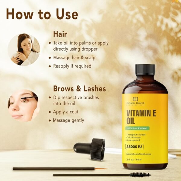 81WInt7v1BL._SL1500_.jpg Botanic Hearth Vitamin E (Glass Bottle 2 fl oz) | 100% Pure & Natural | 35,000 IU | For Growth of Nails, Hair, Eyebrows & Eyelashes | Includes Brush Set | Hair & Body Oil
