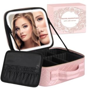 81WoB549DWL._SL1500_.jpg Travel Makeup Bag with LED Mirror, Makeup Organizer Train Case with 1X,2X,3X Vanity Mirror, Adjustable Brightness in 3 Color Settings, Portable Make up Bag with Makeup Brush Holder Storage, Pink