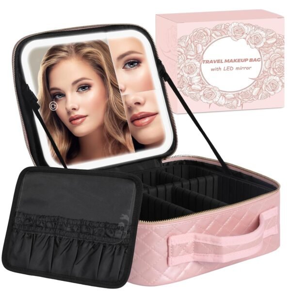 81WoB549DWL._SL1500_.jpg Travel Makeup Bag with LED Mirror, Makeup Organizer Train Case with 1X,2X,3X Vanity Mirror, Adjustable Brightness in 3 Color Settings, Portable Make up Bag with Makeup Brush Holder Storage, Pink