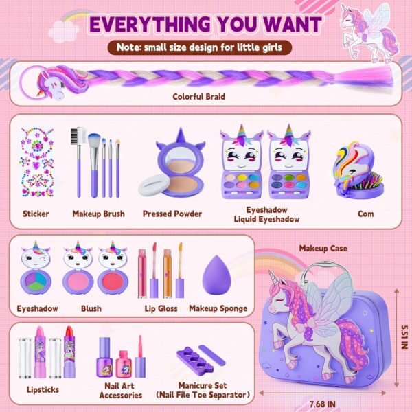 Kids Makeup Kit for Girl - Kids Makeup Girl Toys with Flying Horse Storage Case, Girl Makeup Sets Kids Toys Kids Play Makeup Set for Girls Christmas Birthday Gift Toys 3-12 Years Old Girl