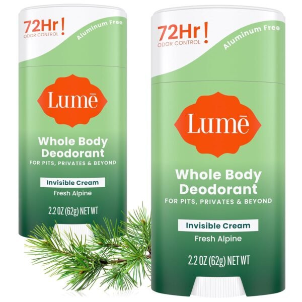 Lume Whole Body Deodorant - Invisible Cream Stick - 72 Hour Odor Control - Aluminum Free, Baking Soda Free, Skin Safe - 2.2 Ounce (Pack of 2) (Fresh Alpine)