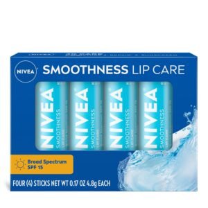 81XCrLz2z5L._SL1500_.jpg NIVEA Smoothness Lip Care, Sunscreen Lip Balm with SPF 15 Broad Spectrum, Shea Butter, Nourishing Oils and Vitamin C & E, 3-in-1 Moisture, Repair and Sunscreen, 0.17 Oz Stick, Pack of 4
