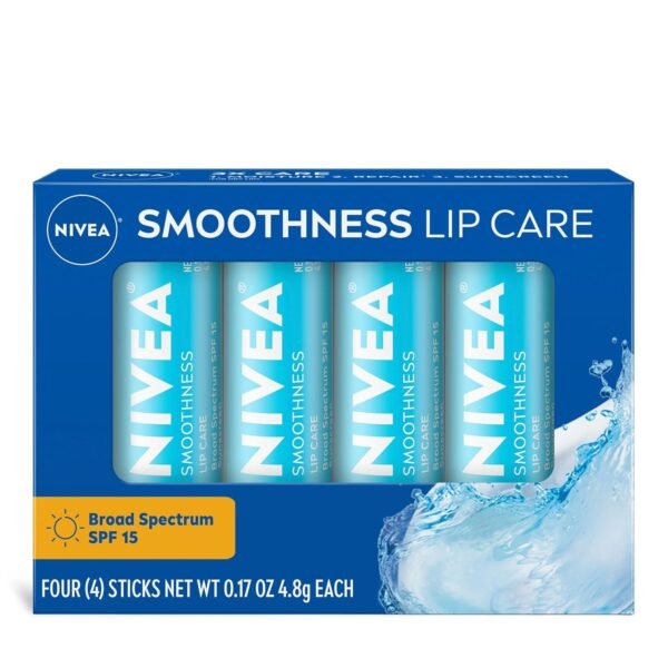 81XCrLz2z5L._SL1500_.jpg NIVEA Smoothness Lip Care, Sunscreen Lip Balm with SPF 15 Broad Spectrum, Shea Butter, Nourishing Oils and Vitamin C & E, 3-in-1 Moisture, Repair and Sunscreen, 0.17 Oz Stick, Pack of 4