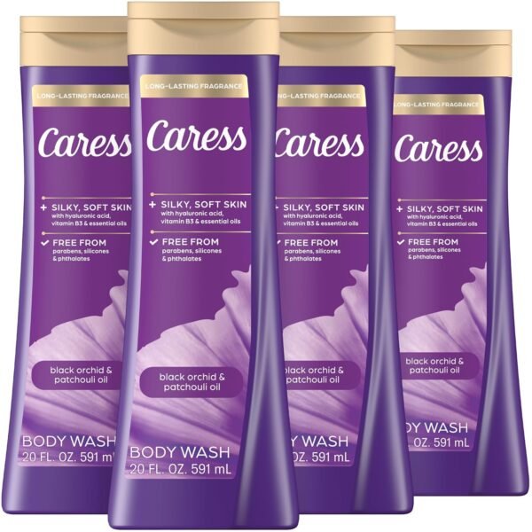 Caress Body Wash for Women, Black Orchid & Patchouli Oil, Relaxing, Fragrant Shower Gel to Relax and Recharge, 20 fl oz, 4 Pack