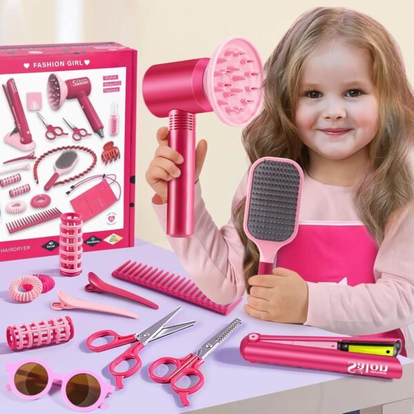 81Y2ky9p-jL._AC_SL1500_.jpg G.C Girls Hair Salon Toys Kids Pretend Play Hair Styling Kit with Realistic Blow Dryer Straightener Stylist Apron Scissors Accessories Beauty Makeup Set Birthday Gifts for Toddler Girls 3 4 5 6+