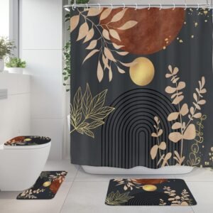 Riyidecor Mid Century Boho 4Pcs Bathroom Shower Curtain Sets Abstract Aesthetic Sun Modern Bathroom Decor Set with Rugs and Accessories Minimalist Toilet Lid Rug, Contour and Bath Mat with 12 Hooks