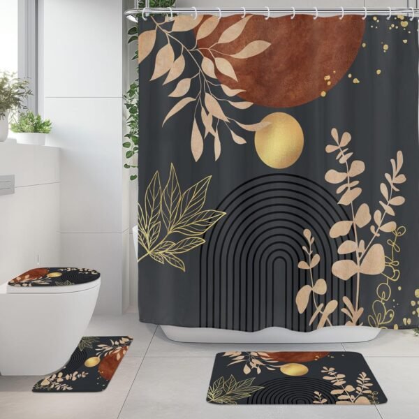 Riyidecor Mid Century Boho 4Pcs Bathroom Shower Curtain Sets Abstract Aesthetic Sun Modern Bathroom Decor Set with Rugs and Accessories Minimalist Toilet Lid Rug, Contour and Bath Mat with 12 Hooks