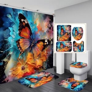 4 Pcs Flower Butterfly Shower Curtain Set with Non-Slip Rug, Toilet Lid Cover and Mat, Colorful Butterfly Shower Curtain with 12 Hooks,Waterproof Fabric Bath Curtain for Bathroom Decor