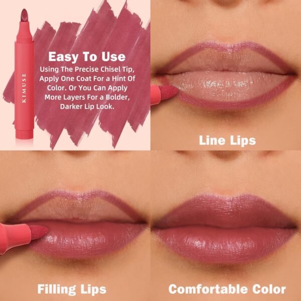81YPQgcddtL._SL1500_.jpg KIMUSE Lip Stain Tip Marker Set, Long Lasting Waterproof Smudgeproof Lip Liner Stain, Matte Natural Finish, All Day Wear Lip Color (Rouge Essentiel)
