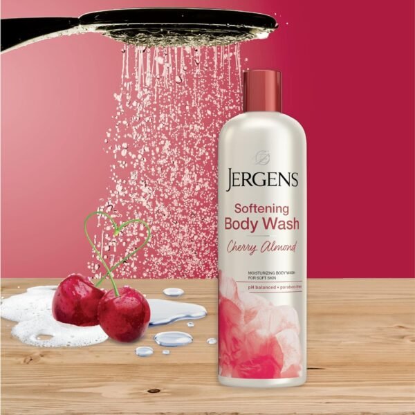 Jergens Softening Cherry Almond Body Wash, Daily Moisturizing Skin Cleanser, Infused with Cherry Almond Oil, pH Balanced, Paraben Free, Dye Free, , Dermatologist Tested, 22 oz (Packaging May Vary)