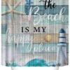 Chrainy 4Pcs Nautical Ocean Shower Curtain Sets Sea Wooden Bathroom Set Decor with Non-Slip Rugs Bath U-Shaped Mat Toilet Lid Cover Starfish Lighthouse Bathroom Curtain Shower Set with 12 Hooks