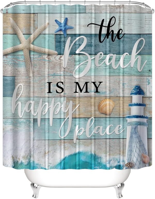 Chrainy 4Pcs Nautical Ocean Shower Curtain Sets Sea Wooden Bathroom Set Decor with Non-Slip Rugs Bath U-Shaped Mat Toilet Lid Cover Starfish Lighthouse Bathroom Curtain Shower Set with 12 Hooks