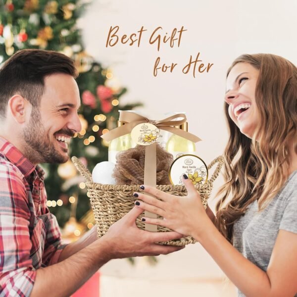 Bath and Body Warm Vanilla Sugar Spa Gifts for Women, with Shower Gel, Bubble Bath, Body Lotion, Bath Bomb, Bath Salt, Spa Basket Gift Set for Women, 7pcs Set Gifts