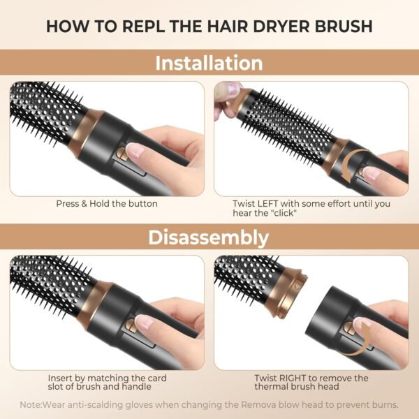 6 in ONE Blow Dryer Brush,Air Curling Iron Round Brush for Blow Out 800W,Ionic Hair Dryer Brush for Women, Blowout Brush Air Styler Curler (Black Gold)