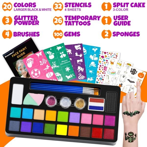 Face Painting Kit for Kids - 20 Colors Water Based Non-Toxic Paint With Stencils & Brushes - Professional Body Makeup Kit for Parties, Birthdays, Halloween
