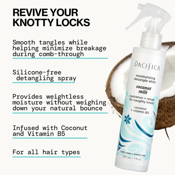 Pacifica Coconut Milk Hair Detangler Spray – Leave-In Conditioning Elixir for Tangle-Free Hair – Instantly Detangles Knots, Adds Shine & Moisture, Prevents Breakage & Frizz – Vegan & Cruelty-Free