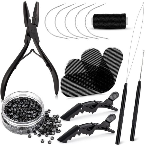 81a2yc8jdjL._SL1500_.jpg NEWISHTOOL Hair Extension Tool Kit - Silicone Micro Beads, Stainless Steel Beads Plier, Metal Bead Threader and Needle Pulling Hook for Beading Hair Extensions, Girls Cosplay Party Hair Styling Tool