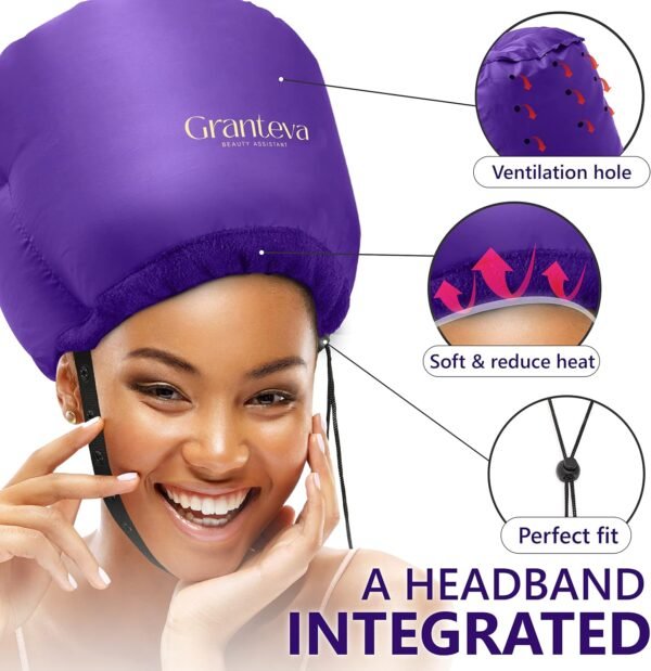 81a7gixxqAL._AC_SL1500_.jpg Bonnet Hair Dryer w/A Headband Integrated That Reduces Heat Around Ears & Neck - Diffuser Cap for Hair Dryer Curly Hair, Speeds Up Drying Time, Deep Conditioning at Home - Large (Purple)
