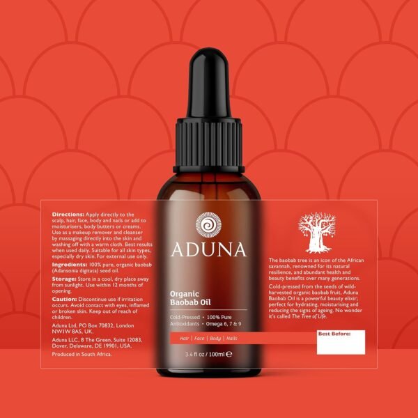 81aJ-lDlivL._SL1500_.jpg Aduna Wild Harvested Baobab Oil - 100% Organic - 3.4fl oz Pure Baobab Oil - Unrefined Cold-Pressed Body, Hair & Face Oil - Moisturizing & Anti-Ageing
