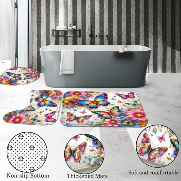 4-Piece Butterfly Floral Shower Curtain Set Colorful Butterfly Bathroom Set with Shower Curtain and Rugs, High-End Design Bath Curtain with Hooks for Home Decor
