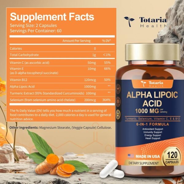 (2 Packs) Alpha Lipoic Acid - 1000mg ALA Supplement Capsules for Neuropathy Support Supplement Nerve Health, Liver Detox, Antioxidant, Metabolism and Cell Energy, Anti-Aging - Non-GMO, Gluten Free