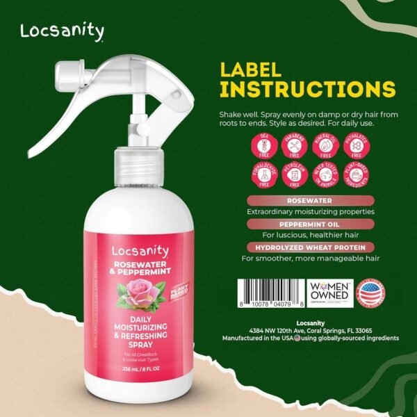 Locsanity Daily Moisturizing Refreshing Spray for Locs, Dreadlocks - Rose Water and Peppermint Hair Scalp Moisturizer, Dreadlock Spray - Natural Loc Care and Maintenance (8oz)