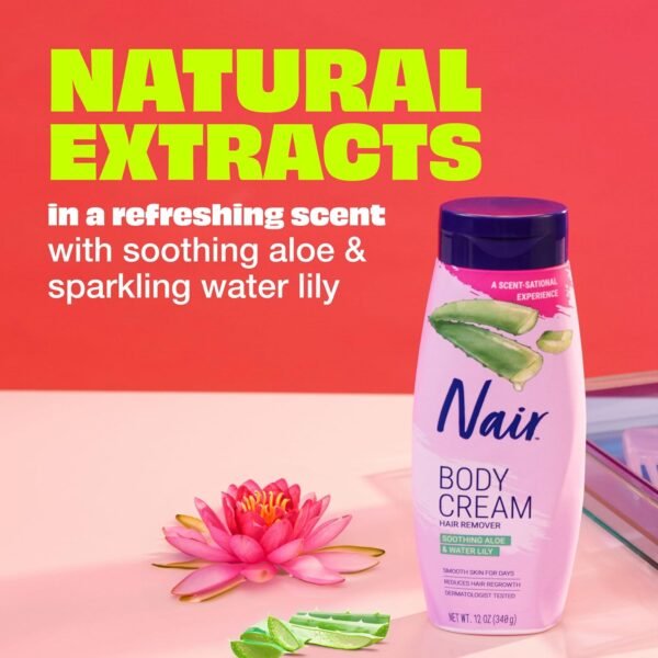 Nair Body Cream Hair Remover, Soothing Aloe and Water Lily, Dermatologist Tested Body Hair Removal Cream, with Evolved Ingredients, 12 Oz