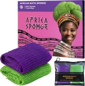 African Net Sponge Authentic - 2 Pieces Exfoliating Body Scrubber Bath Sponge - Back Scrubber Washcloth for Shower with Travel Bag - Real African Scrub Exfoliator Body Care Bathing Accessorie
