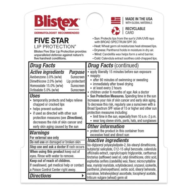 81bBFA3PLyL._SL1500_.jpg Blistex Five Star Lip Protection Balm, 0.15 Ounce ? Wind & Water-Resistant Lip Care, Broad Spectrum SPF 30 Sun Protection, Soothes Cold Chapped Lips, Hydrating Lip Treatment, Holds in Moisture