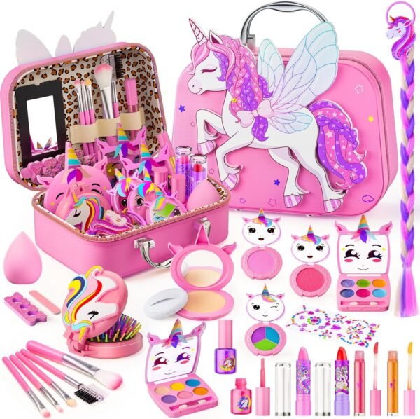 Kids Makeup Kit for Girl - Kids Makeup Girl Toys with Flying Horse Storage Case, Girl Makeup Sets Kids Toys Kids Play Makeup Set for Girls Christmas Birthday Gift Toys 3-12 Years Old Girl