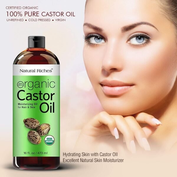 81bHkjozbFL._SL1500_.jpg Natural Riches Organic Castor Oil - Cold Pressed, USDA Certified for Hair Growth, Thicker Eyelashes, Eyebrows - Moisturizes Dry Skin and Hair, Helps with Dandruff - Hexane-Free, 16 fl. oz.