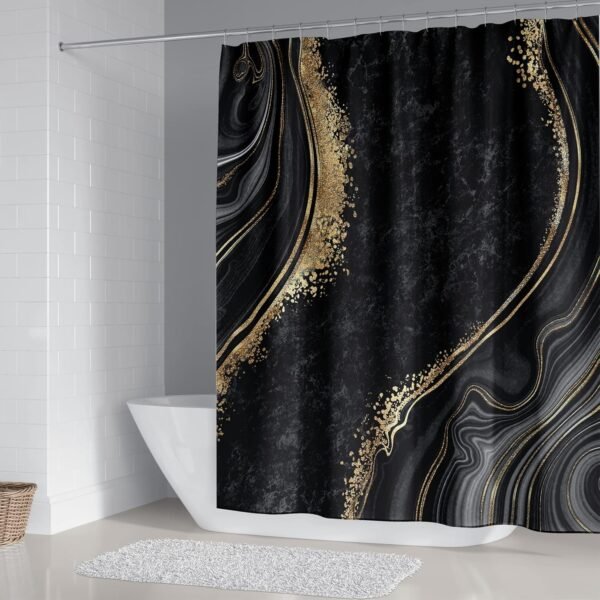 beifivcl 4Pcs Luxury Marble Shower Curtain Sets, Bathroom Sets with Shower Curtain, Toilet Lid Rug, Bath Mat and Contour Mat, Shower Curtain with 12 Hooks for Bathroom Set Decor 72 x 72 Inch, Black﻿