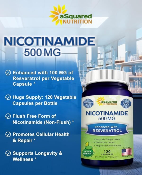 81bQMZ82N7L._AC_SL1500_.jpg aSquared Nutrition Nicotinamide with Resveratrol - 120 Veggie Capsules - Vitamin B3 500mg (Niacinamide Flush Free) - Supplement Pills to Support NAD, Skin Cell Health & Energy