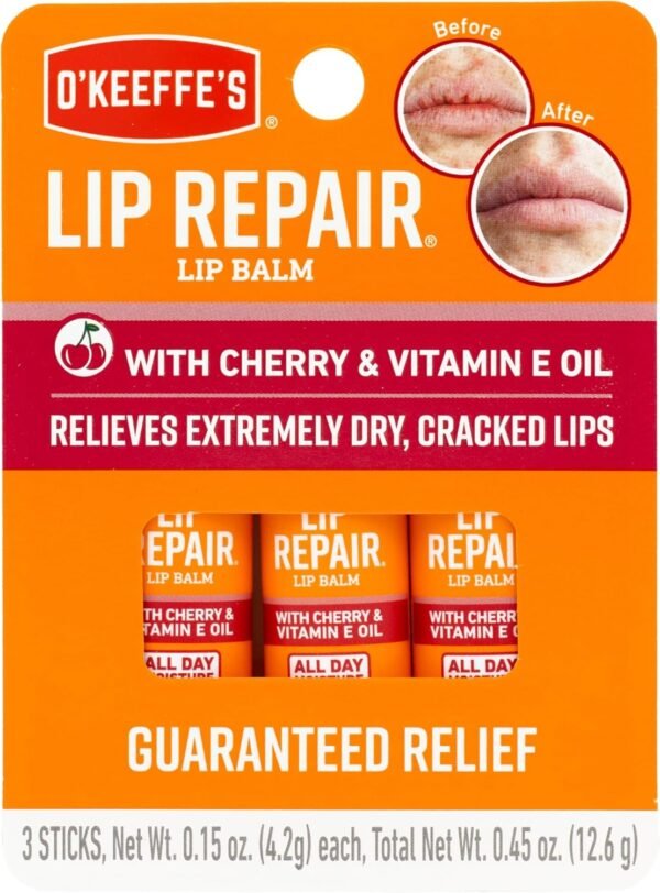 O'Keeffe's Lip Repair Lip Balm with Cherry & Vitamin E Oil - Stick (3 Pack) - Moisturizer for Extremely Cracked, Dry Lips