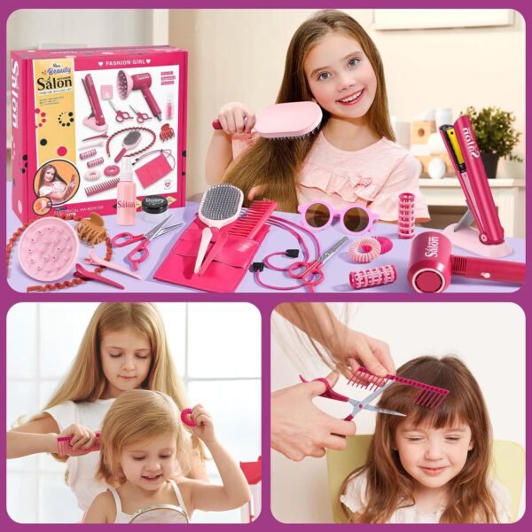 81cBnQfR3fL._AC_SL1500_.jpg G.C Girls Hair Salon Toys Kids Pretend Play Hair Styling Kit with Realistic Blow Dryer Straightener Stylist Apron Scissors Accessories Beauty Makeup Set Birthday Gifts for Toddler Girls 3 4 5 6+