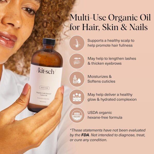 81cExyPgGL._SL1500_.jpg Kitsch Organic Castor Oil for Hair Growth - 100% Pure Castor Oil, Organic Cold Pressed Unrefined Glass Bottle for Face, Skin, Lashes, Brows, Scalp, Nails & Belly Button - Hexane Free, USDA - 16 oz