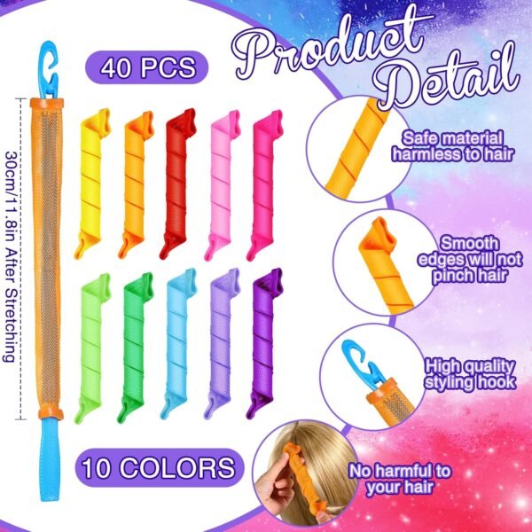 81cMLkvl7NL._SL1500_.jpg Yilloog 40 Pieces Hair Curlers Kit Heatless Spiral Curlers Tools with 2 Styling Hooks and 1 Storage Bag Multicolor Magic Curls Rollers for Women Long Medium Short Hair Classic Style
