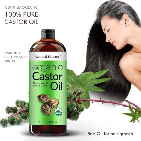 81cd191yW8L._SL1500_.jpg Natural Riches Organic Castor Oil - Cold Pressed, USDA Certified for Hair Growth, Thicker Eyelashes, Eyebrows - Moisturizes Dry Skin and Hair, Helps with Dandruff - Hexane-Free, 16 fl. oz.